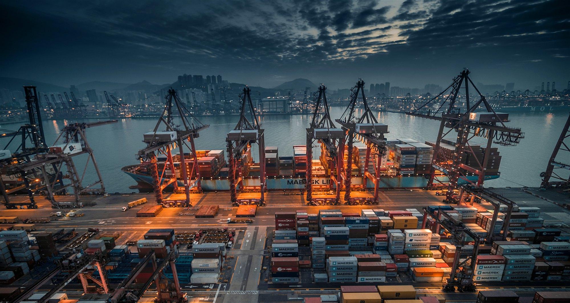 Container port at dusk