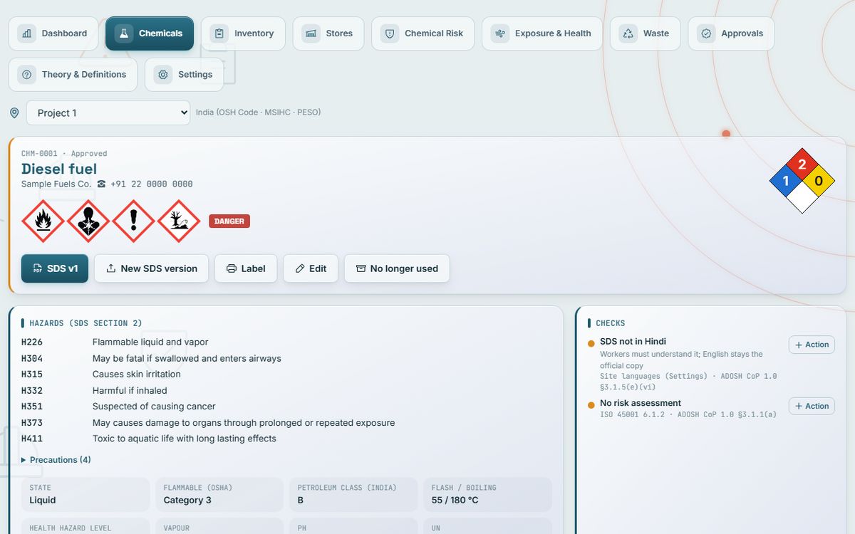 RADAR Chemical Register: Chemical and SDS