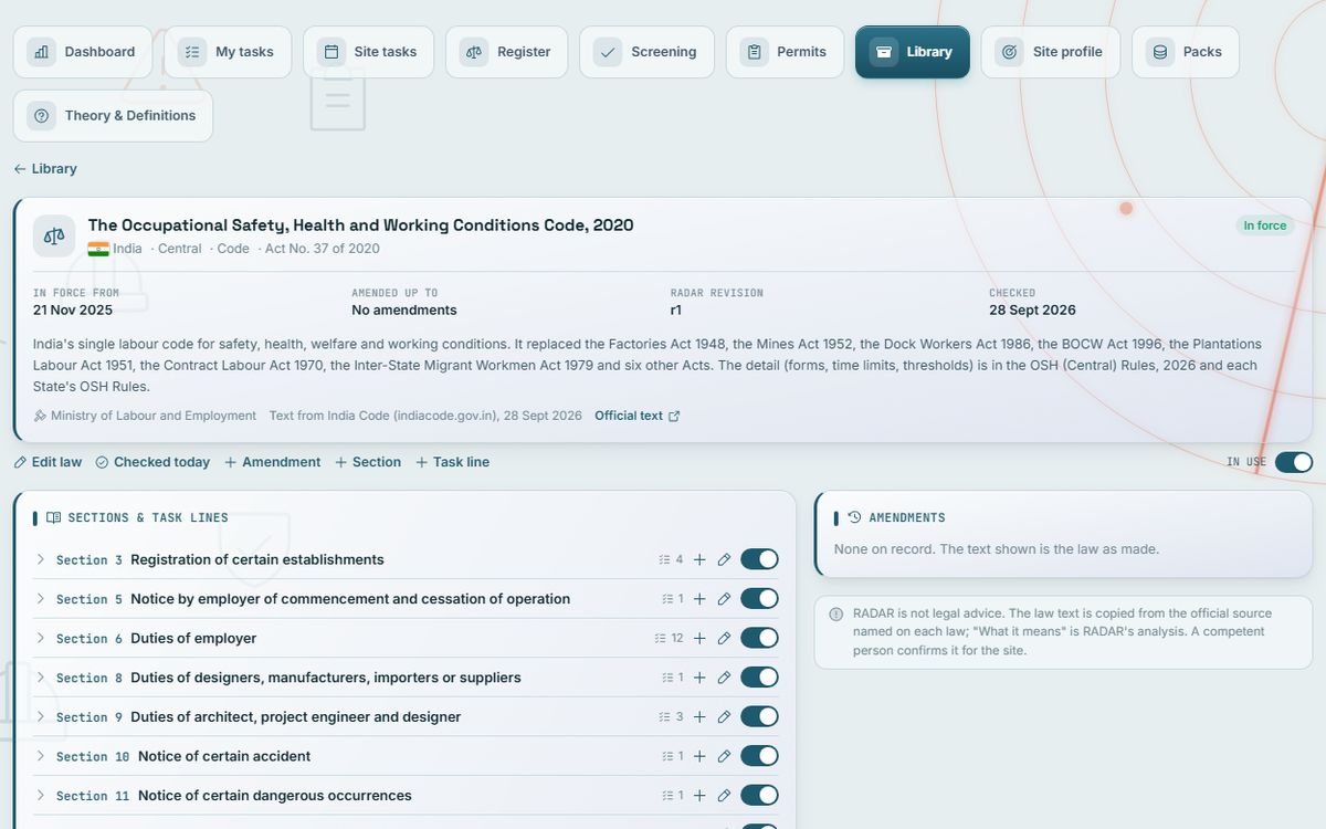 RADAR Legal Register: Law and obligations