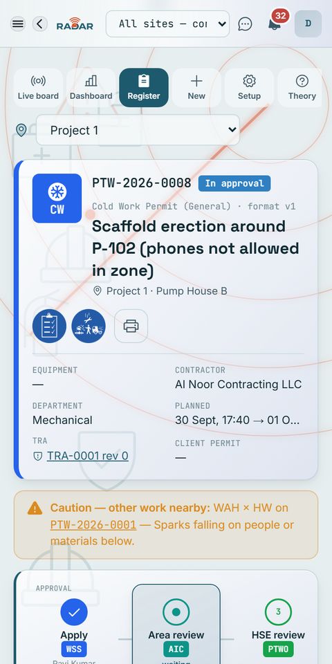 Cold work permit waiting for area review, on a phone
